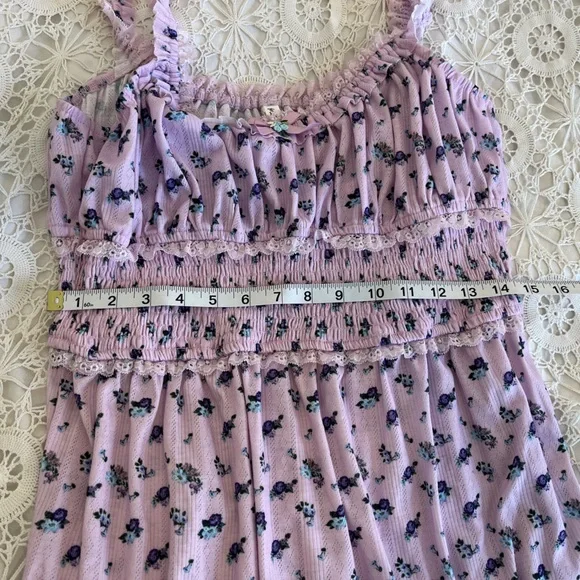 For Love and Lemons Lola Pointelle Dress purple ditsy floral baby doll dress - Picture 7 of 9